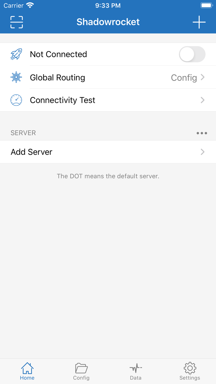 Shadowrocket の画面:Home ページ上部の接続スイッチ、Global Routing、SERVER グループ