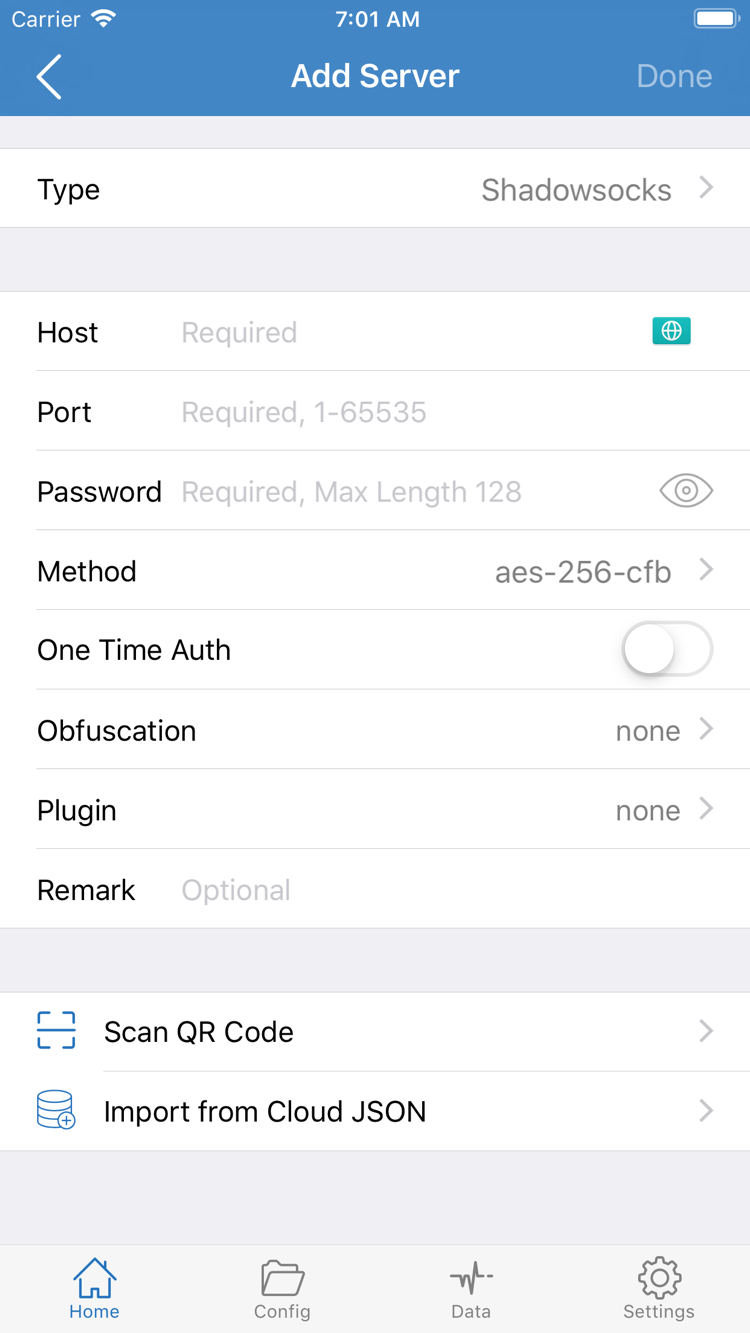 Shadowrocket の画面:Add Server ページの Type、Host、Port、Password、Method の各項目